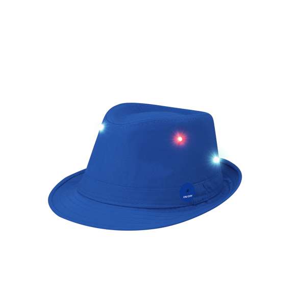 Sombrero confeccionado en poliéster con luces LEDs multicolor distribuidas por toda la superficie, con tres modos de iluminación (fijo, parpadeo lento y parpadeo rápido). Funciona con pilas de botón -incluidas- y cuenta con un discreto botón on/off en el lateral.