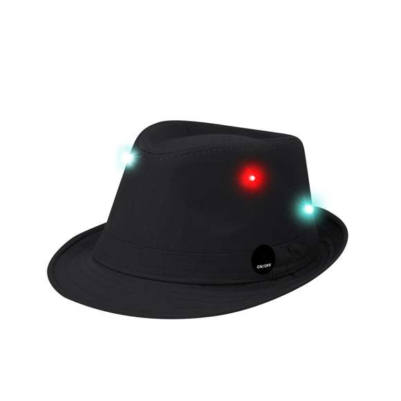 Sombrero confeccionado en poliéster con luces LEDs multicolor distribuidas por toda la superficie, con tres modos de iluminación (fijo, parpadeo lento y parpadeo rápido). Funciona con pilas de botón -incluidas- y cuenta con un discreto botón on/off en el lateral.