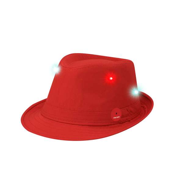 Sombrero confeccionado en poliéster con luces LEDs multicolor distribuidas por toda la superficie, con tres modos de iluminación (fijo, parpadeo lento y parpadeo rápido). Funciona con pilas de botón -incluidas- y cuenta con un discreto botón on/off en el lateral.