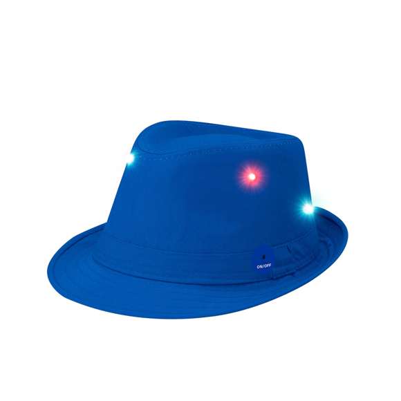 Sombrero confeccionado en poliéster con luces LEDs multicolor distribuidas por toda la superficie, con tres modos de iluminación (fijo, parpadeo lento y parpadeo rápido). Funciona con pilas de botón -incluidas- y cuenta con un discreto botón on/off en el lateral.