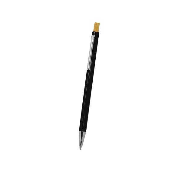 Elegante bolígrafo con pulsador fabricado en bambú. Cuerpo en resistente ABS, clip metálico, con mecanismo pulsador y en tinta azul.Materiales como el bambú fomentan la utilización de materias primas naturales, reduciendo las emisiones contaminantes. Proviene de una planta de gran resistencia y versatilidad, con crecimiento y regeneración rápidos, siendo una excelente alternativa al uso de madera tradicional.