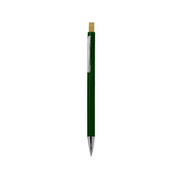 Elegante bolígrafo con pulsador fabricado en bambú. Cuerpo en resistente ABS, clip metálico, con mecanismo pulsador y en tinta azul.Materiales como el bambú fomentan la utilización de materias primas naturales, reduciendo las emisiones contaminantes. Proviene de una planta de gran resistencia y versatilidad, con crecimiento y regeneración rápidos, siendo una excelente alternativa al uso de madera tradicional.