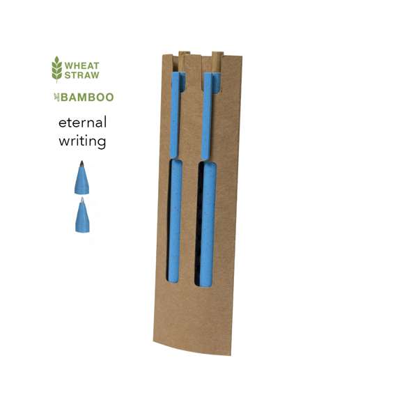 Set de bolígrafo y lápiz eterno fabricados en caña de trigo y bambú. Bolígrafo con mecanismo pulsador fabricado en bambú de tinta azul y clip a juego. Y lápiz con mecanismo pulsador fabricado en bambú con punta eterna, para así usar siempre el mismo lápiz y no generar residuos. Presentados en estuche de cartón reciclado. Con distintivo de caña de trigo impreso.Elaborado con elementos vegetales para así fomentar la utilización de materias primas naturales y reducir las emisiones contaminantes.