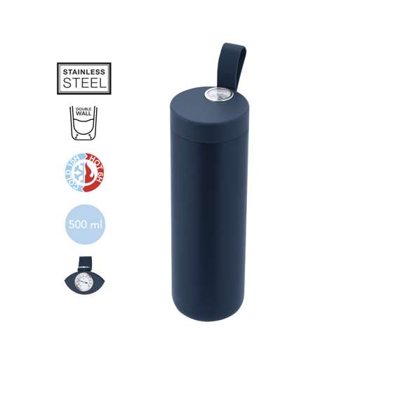 Bidón térmico de acero inox y doble pared de 500 ml de capacidad, con medidor de temperatura analógica, con rango de 0º a 100º. Con tapón de seguridad, asa de silicona integrada y cuerpo a juego. Libre de BPA.