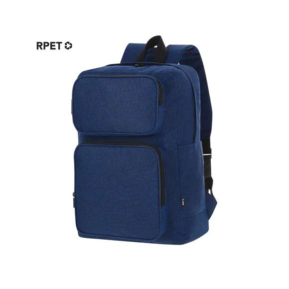 Mochila fabricada en suave poliéster RPET 600D. Con bolsillo principal de cierre de cremallera con doble tirador. Bolsillo interior para portátil de hasta 15 pulgadas y Tablet de hasta 10 pulgadas. Incluye dos bolsillos frontales con cierre de cremallera y bolsillos en los laterales. Espalda y cintas acolchadas ajustables. Incluye cinta de transporte para ajuste en trolley o maleta, ideal para viajes. Con distintivo de RPET en etiqueta.El material RPET se elabora a partir de plástico reciclado, para así fomentar la reutilización de residuos plásticos y ayudar a la sostenibilidad del planeta.