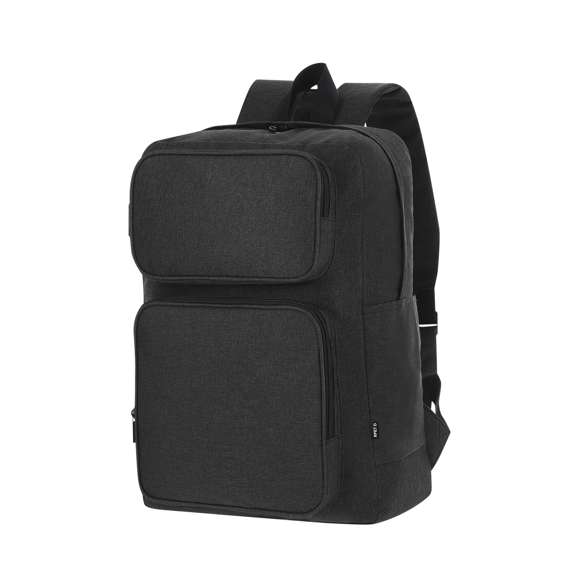 Mochila fabricada en suave poliéster RPET 600D. Con bolsillo principal de cierre de cremallera con doble tirador. Bolsillo interior para portátil de hasta 15 pulgadas y Tablet de hasta 10 pulgadas. Incluye dos bolsillos frontales con cierre de cremallera y bolsillos en los laterales. Espalda y cintas acolchadas ajustables. Incluye cinta de transporte para ajuste en trolley o maleta, ideal para viajes. Con distintivo de RPET en etiqueta.El material RPET se elabora a partir de plástico reciclado, para así fomentar la reutilización de residuos plásticos y ayudar a la sostenibilidad del planeta.