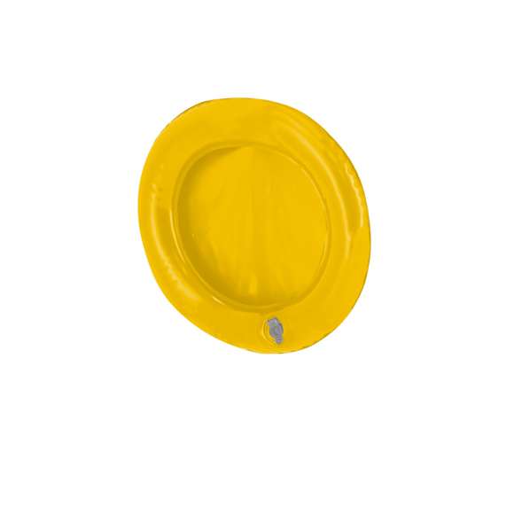 Original almohadilla para la cabeza con función de frisbee, de diseño redondo con aro hinchable fabricado en resistente PVC de color sólido y acabado brillo. Con plegado especial para fácil impresión.