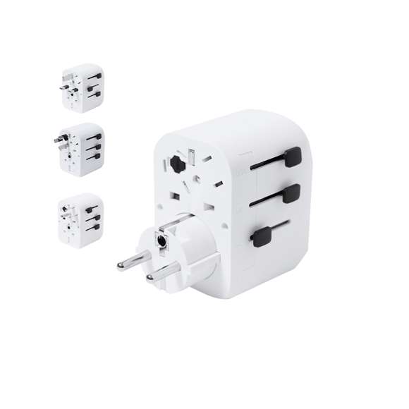 Completo adaptador de enchufes, de diseño compacto y portable. Con salidas USB y dos Tipo C, especialmente indicado para viajes y con adaptadores multi región para USA, Europa, Asia, Reino Unido y Australia. Indicador LED de encendido.