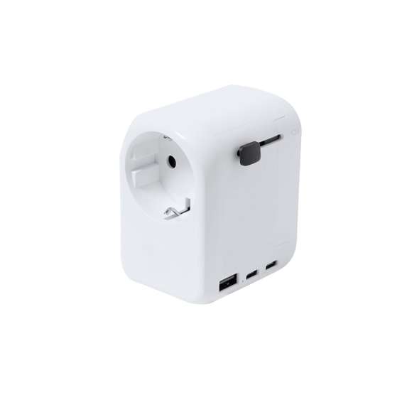 Completo adaptador de enchufes, de diseño compacto y portable. Con salidas USB y dos Tipo C, especialmente indicado para viajes y con adaptadores multi región para USA, Europa, Asia, Reino Unido y Australia. Indicador LED de encendido.