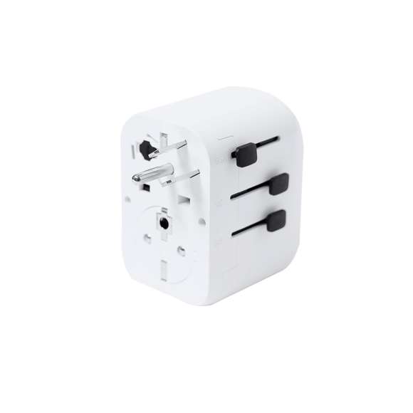 Completo adaptador de enchufes, de diseño compacto y portable. Con salidas USB y dos Tipo C, especialmente indicado para viajes y con adaptadores multi región para USA, Europa, Asia, Reino Unido y Australia. Indicador LED de encendido.