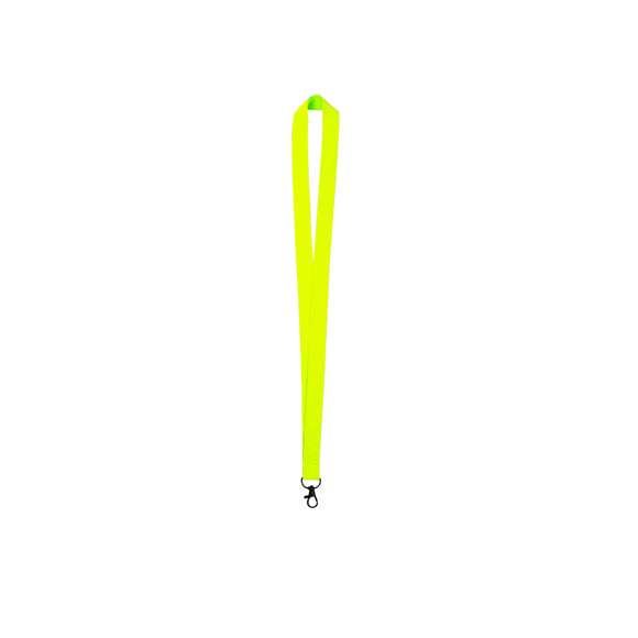 Lanyard confeccionado en resistente poliéster, equipado con un gancho metálico giratorio para mayor funcionalidad.