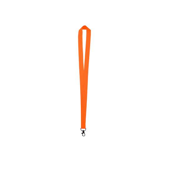 Lanyard confeccionado en resistente poliéster, equipado con un gancho metálico giratorio para mayor funcionalidad.