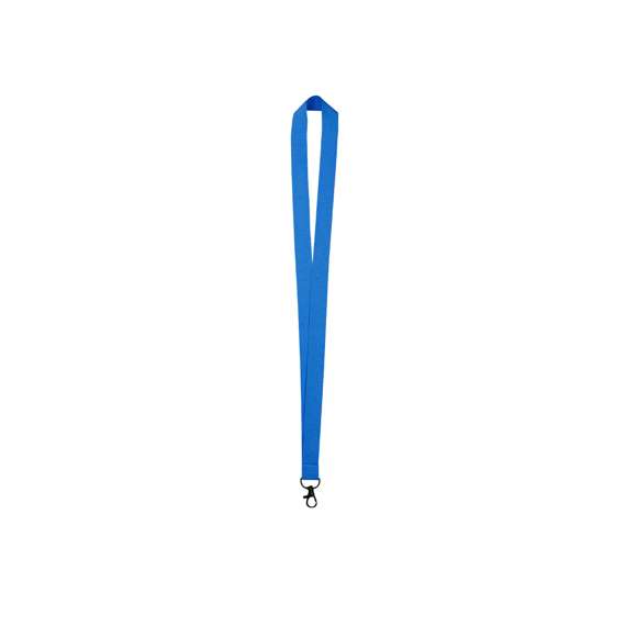 Lanyard confeccionado en resistente poliéster, equipado con un gancho metálico giratorio para mayor funcionalidad.