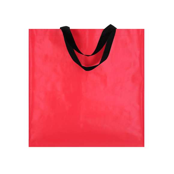 Bolsa fabricada en pp-woven laminado. Con asas largas de 45x3cm reforzadas con costura en X y resistencia de hasta 8kg.