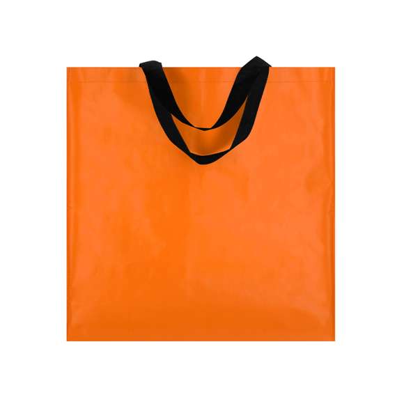 Bolsa fabricada en pp-woven laminado. Con asas largas de 45x3cm reforzadas con costura en X y resistencia de hasta 8kg.