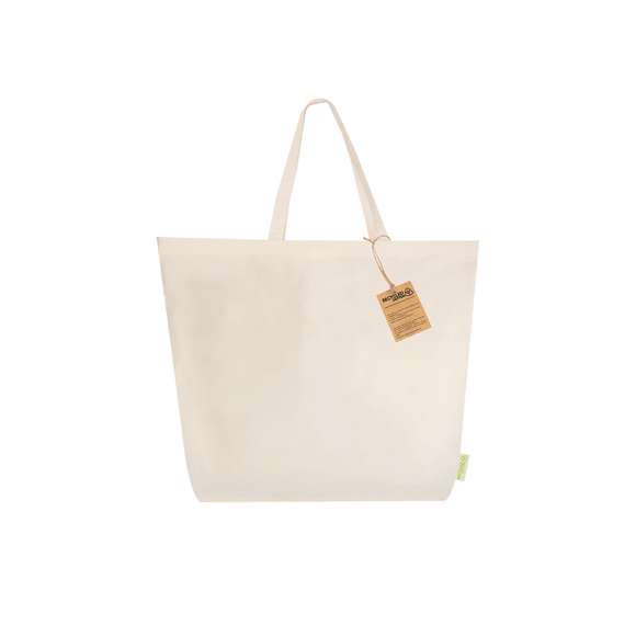 Bolsa en algodón reciclado de 220 g/m2 en color natural. Asas largas de 60x2,5cm con refuerzo, de acabado cosido y fuelle. Logotipo en etiqueta lateral y resistencia hasta 10 kg de peso.
