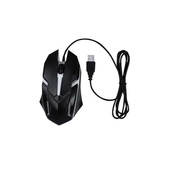 Ratón gamer diseñado para una experiencia de juego inmersiva. Interior retroiluminado por iluminación LEDs multicolor combinando efectos intermitentes automáticos. Con botón izquierdo, derecho y rueda de scroll central. Incluye conexión USB con cable de 130 cm.
