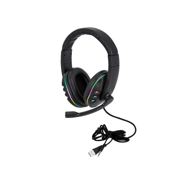Auriculares gamer diseñados para una experiencia de juego inmersiva. Diseño de diadema con sonido envolvente y retroiluminados con luz LEDs multicolor combinando efectos intermitentes automáticos. Micrófono integrado y cable de 160cm con control de volumen integrado y doble conexión (USB y Jack 3,5 mm).