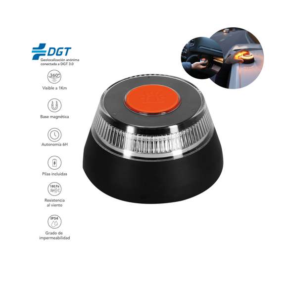 Luz de emergencia V16 Geolocalizada para vehículos. Fabricada conforme a la normativa de seguridad vigente y homologada por laboratorio acreditado IDIADA, según requisitos de la DGT , con número de homologación marcado en la parte inferior del artículo. De activación manual y con base de fijación magnética. Resistencia al viento de hasta 180Pa, visibilidad 360 -hasta 1 km de distancia- y resistencia al agua conforme a estándares IP54. De tamaño compacto para guardar en cualquier compartimento del vehículo y tenerla a mano en caso de emergencia. Presentada en caja individual de diseño. Manual incluido (español e inglés). Alimentación a pilas (3xAA pilas alcalinas incluidas).Certificado de Cumplimiento PC24120149 emitido por IDIADA, conforme a los requisitos de la DGT.