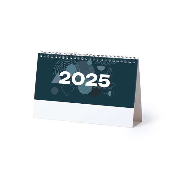 Calendario de sobremesa de anillas con cuerpo triangular en cartón. Diseño mes en curso/ mes anterior/ mes siguiente, santoral y espacio para notas. Amplia superficie de marcaje en ambas caras.