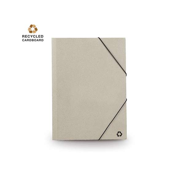 Carpeta ecológica de gran capacidad con cierre elástico en cartón reciclado flexible y con sistema de plegado tripe.