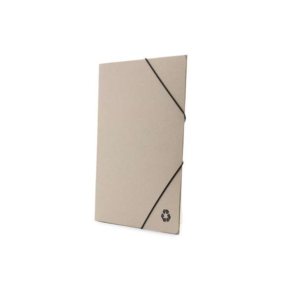 Carpeta ecológica de gran capacidad con cierre elástico en cartón reciclado flexible y con sistema de plegado tripe.