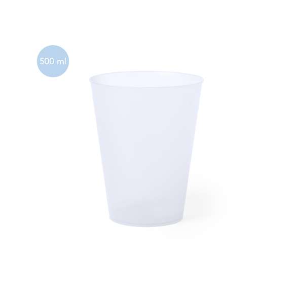 Vaso de 500ml de capacidad en resistente y flexible material PP. Reutilizable y en acabado translúcido.