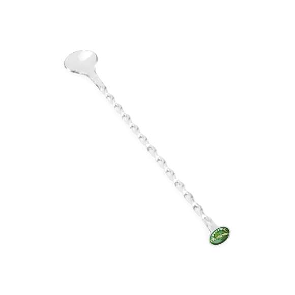 Agitador para bebidas de 21cm de cuerpo en diseño de espiral y acabado transparente. De acabado plano para marcaje en parte inferior y corona circular para logotipo.