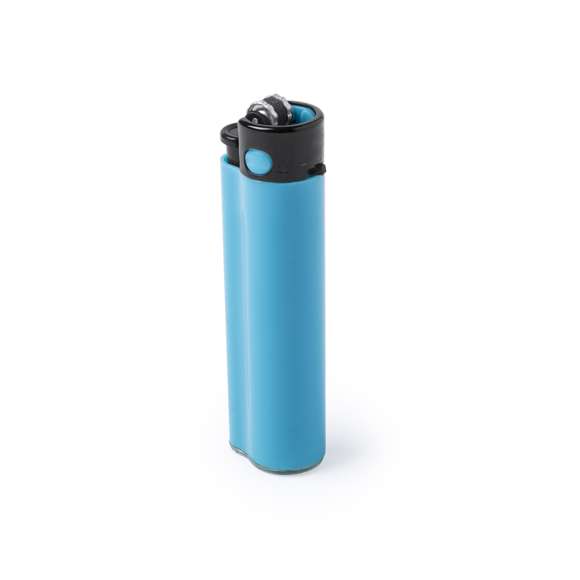 Encendedor a gas de mecanismo de piedra. Con protección infantil, recargable, regulador de llama y accesorio extraíble para prensado. Servidos en cajas expositoras de 24 unidades y en colores surtidos de acabado sólido.