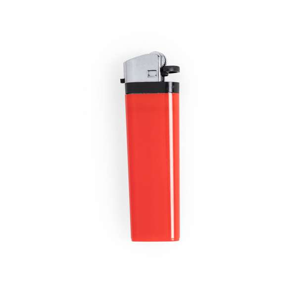 Encendedor a gas de mecanismo de piedra. Con protección infantil y regulador de llama. Disponible en variada gama de colores de acabado sólido. Servidos en bandejas de 50 unidades del mismo color.