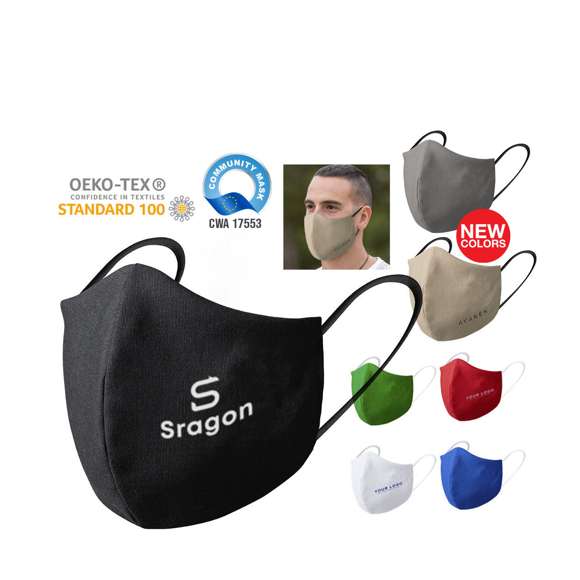 Mascarilla higiénica reutilizable. Fabricada en algodón y poliéster.  Capa exterior en algodón/poliéster. Forro interior 100% algodón.  Costura frontal ergonómica para un cómodo ajuste y confortables cintas elásticas para las orejas en tejido hipoalergénico, con certificación OEKO-TEX Clase I. Disponible en variada gama de colores.  Libre de Grafeno.  Para uso personal en adultos.  Analizada y fabricada de acuerdo al estándar europeo UNE-CWA 17553:2020. Eficacia de filtración bacteriana: ≥ 90%. Altamente resistente. Se aconseja lavar a 60ºC.