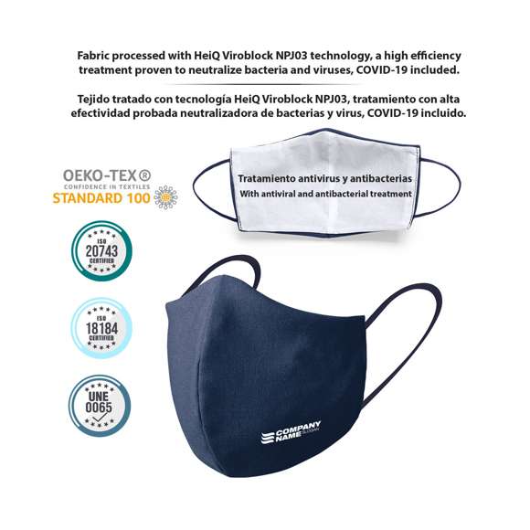 Mascarilla higiénica reutilizable. Fabricada en algodón y poliéster.  Capa exterior en algodón/poliéster. Forro interior 100% algodón.  Materiales con tecnología HeiQ Viroblock NPJ03, tratamiento con alta efectividad probada neutralizadora de bacterias y gérmenes. Con costura frontal ergonómica para un cómodo ajuste y confortables cintas elásticas para las orejas en tejido hipoalergénico, con certificación OEKO-TEX Clase I. Presentación en bolsa individual.  Libre de Grafeno.  Para uso personal en adultos.  Analizada y fabricada de acuerdo al estándar europeo UNE-CWA 17553:2020. Propiedades del tratamiento analizadas según ISO 20743: Determinación de la actividad antibacteriana de los productos Textiles e ISO 18184: Determinación de la actividad antiviral de los productos Textiles.  Aditivo HeiQ Viroblock NPJ03, certificado como seguro y sostenible, con todos sus componentes de grado cosmético, base biológica y reciclados  Eficacia de filtración bacteriana: ≥ 90%. Altamente resistente. Se aconseja lavar a 60ºC.