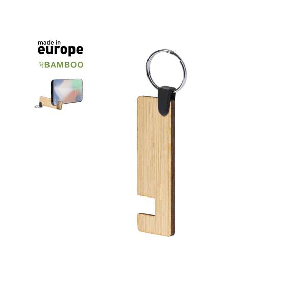 Llavero soporte para smartphone y tablet de línea nature, hecho en bambú procedente de cortes naturales. De fabricación europea.