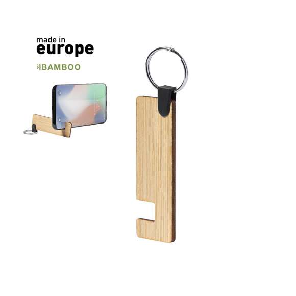 Llavero soporte para smartphone y tablet de línea nature, hecho en bambú procedente de cortes naturales. De fabricación europea.