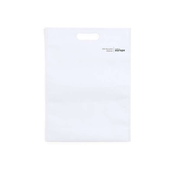 Bolsa de línea nature, fabricada en non-woven reciclado de 70g/m2. De fabricación europea, con acabado termosellado, fuelle en la base, asa reforzada troquelada y distintivo eco/made in sobre la bolsa.