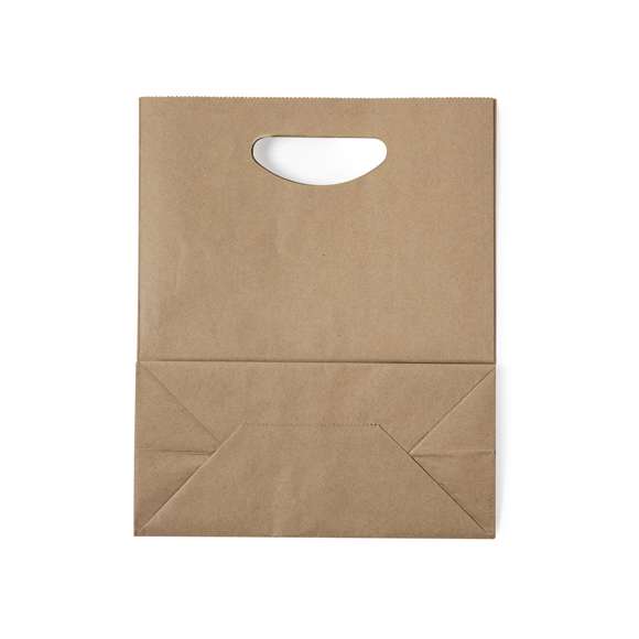Bolsa ligera de línea nature fabricada en papel reciclado de 80g/m2. Con original asa troquelada y fuelle.