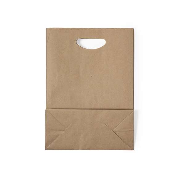 Bolsa ligera de línea nature fabricada en papel reciclado de 80g/m2. Con original asa troquelada y fuelle.