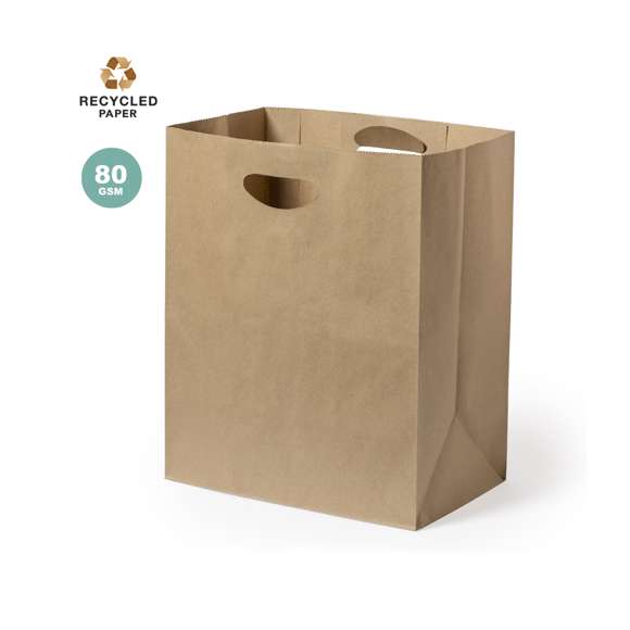 Bolsa ligera de línea nature fabricada en papel reciclado de 80g/m2. Con original asa troquelada y fuelle.