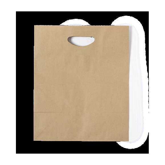 Bolsa ligera de línea nature fabricada en papel reciclado de 80g/m2. Con original asa troquelada y fuelle.