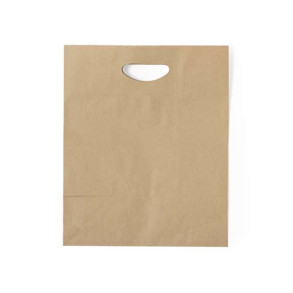 Bolsa ligera de línea nature fabricada en papel reciclado de 80g/m2. Con original asa troquelada y fuelle.