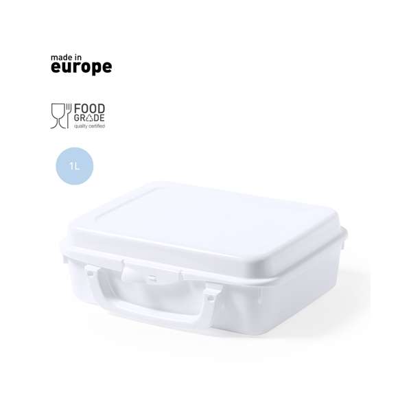  	Fiambrera de 1L de capacidad, hecha en PP de color blanco. De fabricación europea y con certificación Food Grade, garantizando la seguridad cuando los alimentos entran en contacto con el material usado para fabricar el producto. Formato cuadrado, con práctica asa de transporte y cierre de seguridad.
