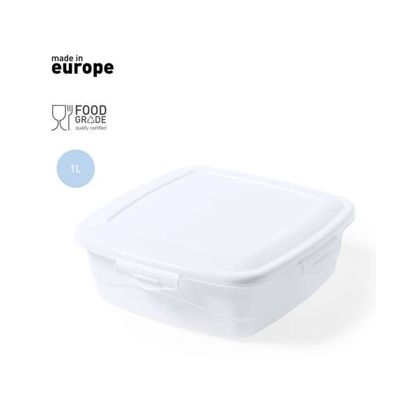  	Fiambrera de 1L de capacidad, hecha en PP de color blanco. De fabricación europea y con certificación Food Grade, garantizando la seguridad cuando los alimentos entran en contacto con el material usado para fabricar el producto. Formato cuadrado, con cierre de seguridad en todos sus lados.