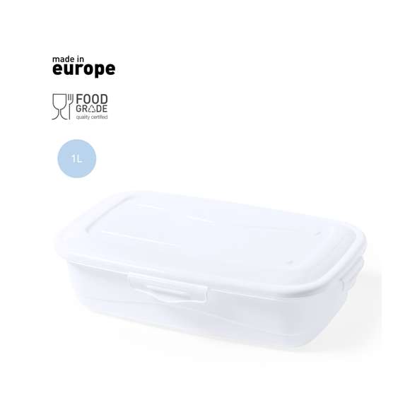  	Fiambrera de 1L de capacidad, hecha en PP de color blanco. De fabricación europea y con certificación Food Grade, garantizando la seguridad cuando los alimentos entran en contacto con el material usado para fabricar el producto. Formato rectangular, con cierre de seguridad en todos sus lados.