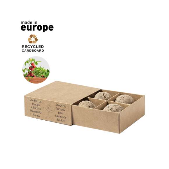 Kit huerto con semillas de tomate, albahaca, rúcula y manzanilla. Presentado en estuche de cartón reciclado con instruciones de plantado, distintivo Made in Europe y con 4 compartimentos independientes.