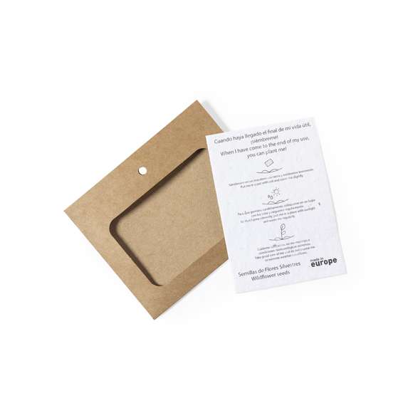 Identificador en cartón reciclado. Incluye tarjeta con semillas de flores silvestres, convirtiéndolo así en papel plantable al final de su vida útil. Flores silvestres en colores surtidos, con instrucciones de plantado en el interior y distintivo Made in Europe.