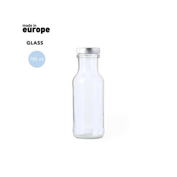 Botella de línea nature de 785ml de capacidad, con tapón a rosca metálico. De fabricación europea y presentada en caja de cartón reciclado con distintivo Made in Europe.