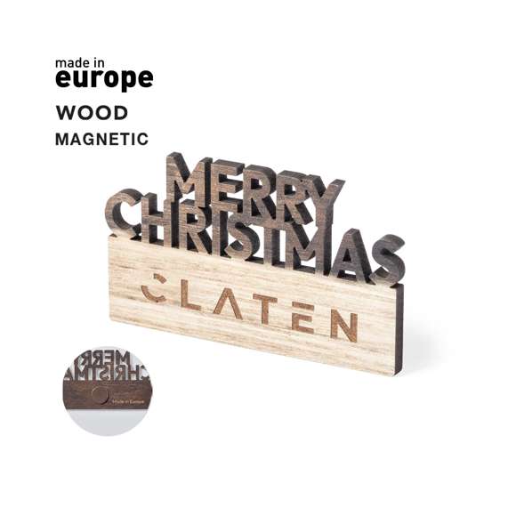 Original imán Merry Christmas fabricado en madera natural, con texto troquelado y de original acabado bicolor. Amplia superficie de marcaje y distintivo Made In Europe.