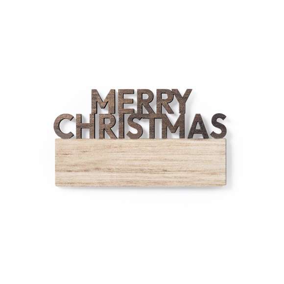 Original imán Merry Christmas fabricado en madera natural, con texto troquelado y de original acabado bicolor. Amplia superficie de marcaje y distintivo Made In Europe.
