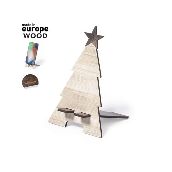 Soporte para smartphone con diseño árbol de navidad, fabricado en madera natural y de original acabado bicolor. De fácil montaje y con distintivo Made In Europe.