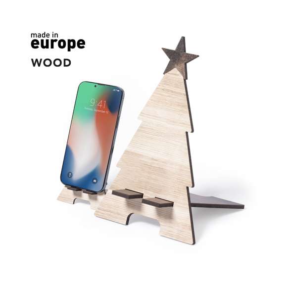 Soporte para smartphone con diseño árbol de navidad, fabricado en madera natural y de original acabado bicolor. De fácil montaje y con distintivo Made In Europe.